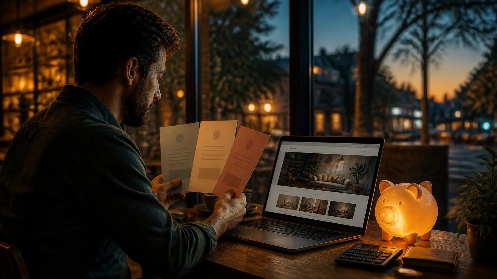 Small business owner comparing three website quotes at a cafe table with a laptop showing a website