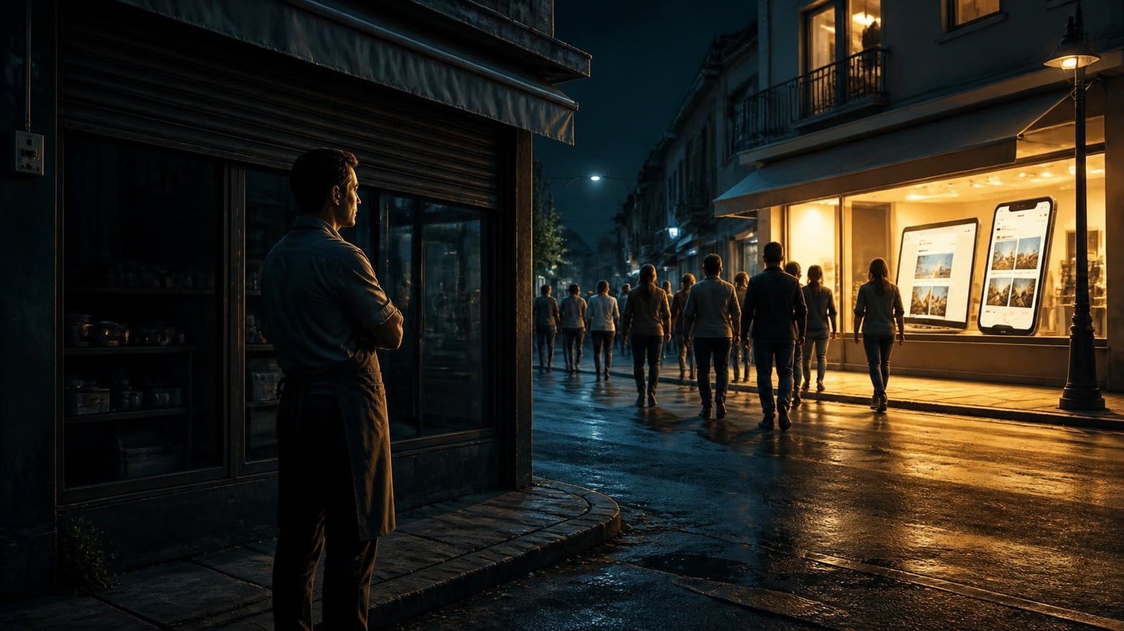 Small shop owner watching customers walk to a competitor shop that has a website